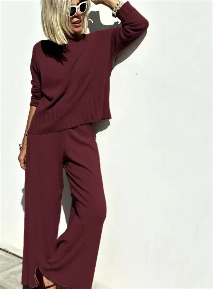 VELINA – TWO-PIECE KNITTED PULLOVER & WIDE LEG PANTS SET
