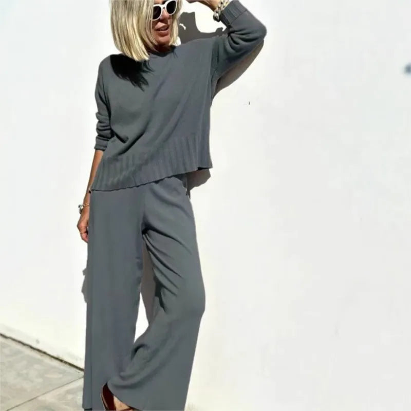 VELINA – TWO-PIECE KNITTED PULLOVER & WIDE LEG PANTS SET