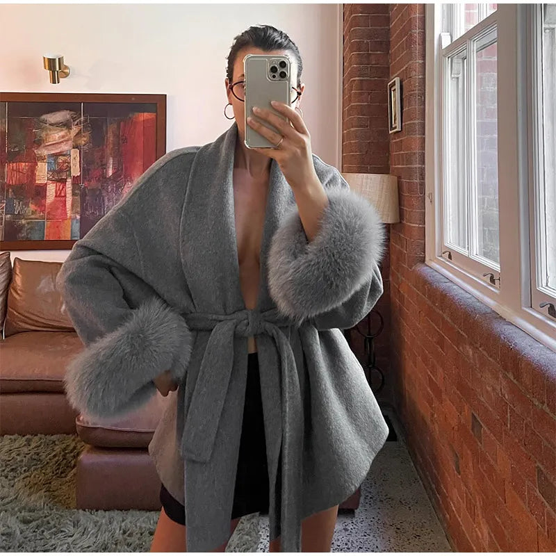 EVELYN – LACE UP WOOLEN COAT & FURRY JACKET